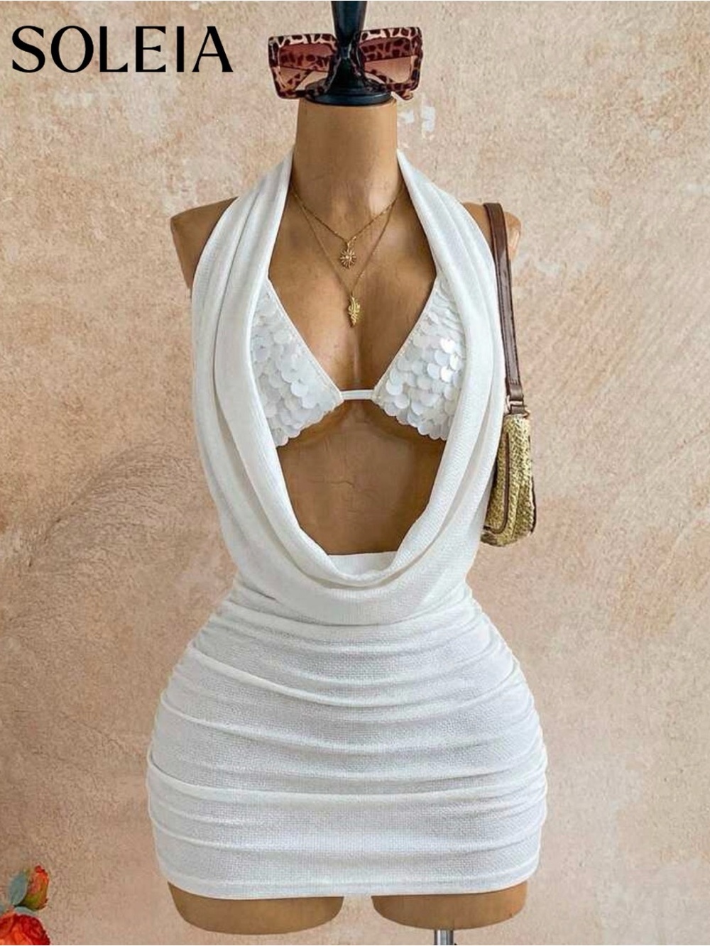 White Halter Cowl Mini Dress